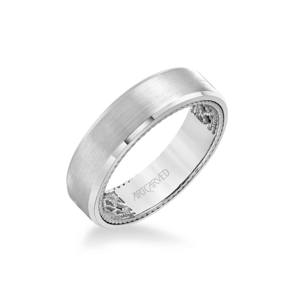 6MM Men's Contemporary Wedding Band - Satin Finish and Bevel Edge with Inside Net Pattern with Rope Edge