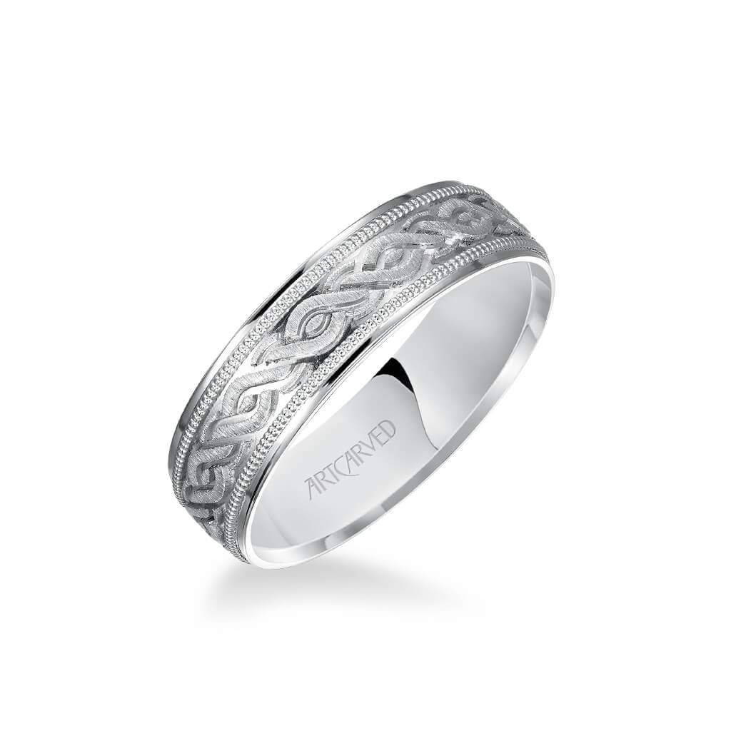 6MM Men's Wedding Band - Engraved Center with Milgrain Detail and Flat Edge