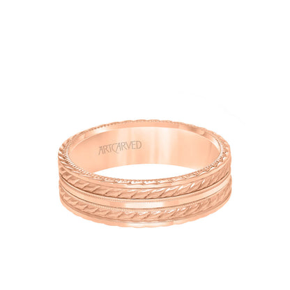 6.5MM Men's Wedding Band - Soft Sand and Bright Finish Flat Edge, rope and Milgraining treatment on top and sides