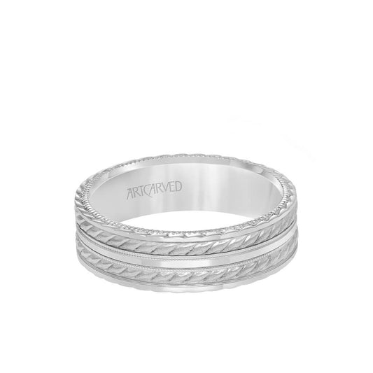 6.5MM Men's Wedding Band - Soft Sand and Bright Finish Flat Edge, rope and Milgraining treatment on top and sides