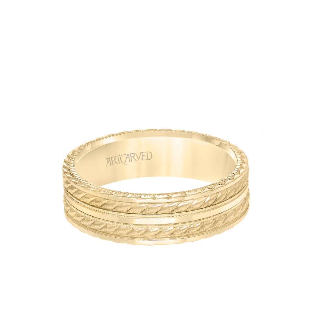 6.5MM Men's Wedding Band - Soft Sand and Bright Finish Flat Edge, rope and Milgraining treatment on top and sides