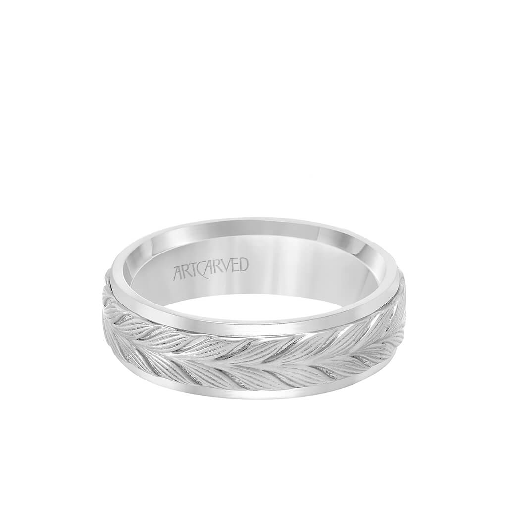 6.5MM Men's Wedding Band - Textured Leaf Design with Round Edge