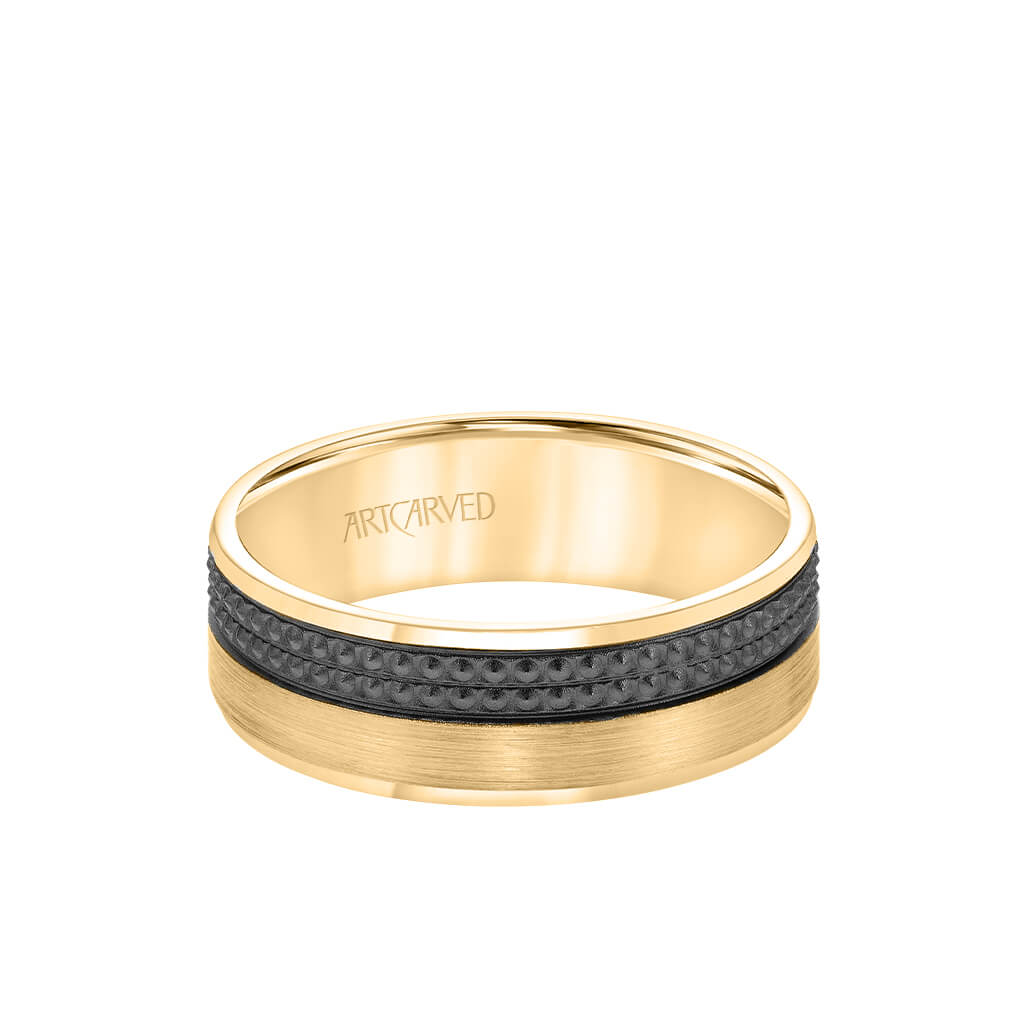 7MM Men's Wedding Band - Brush Finish with Textured Black Rhodium and Flat Edge