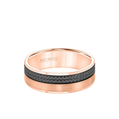 7MM Men's Wedding Band - Brush Matte Finish with Textured Black Rhodium and Milgrain Accents and Flat Edge