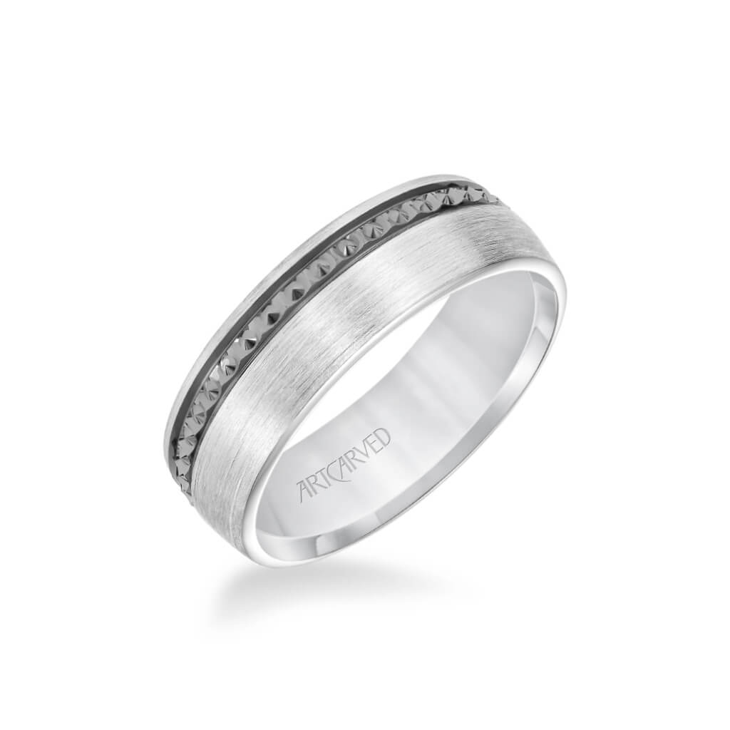 7MM Men's Wedding Band - Satin Soft Sand Finish with Textured Black Rhodium and Flat Edge