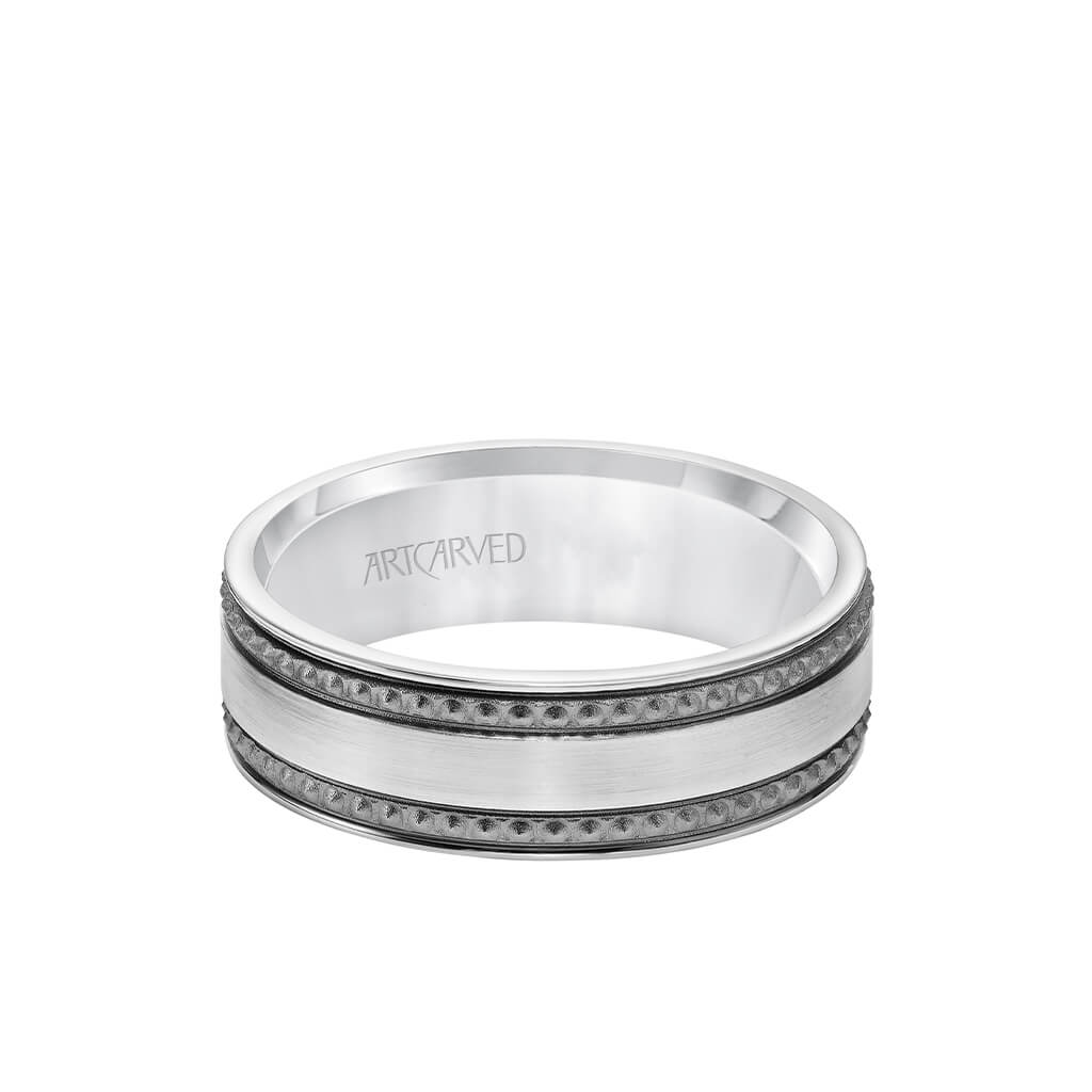 7MM Men's Wedding Band - Satin Soft Sand Finished with Textured Black Rhodium and Flat Edge