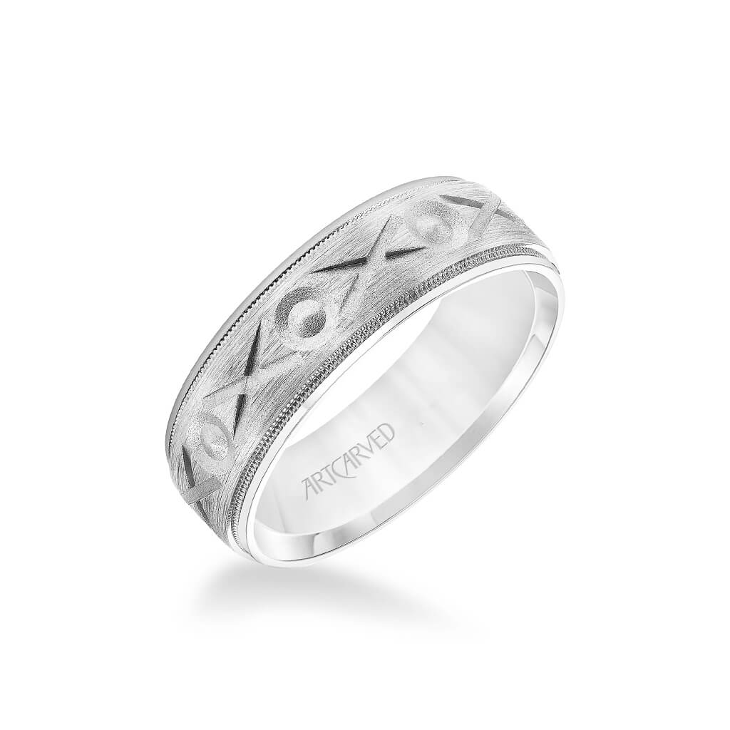 7MM Men's Wedding Band - Brush Finish with Swiss Cut XO Design with Milgrain Detail and Round Edge