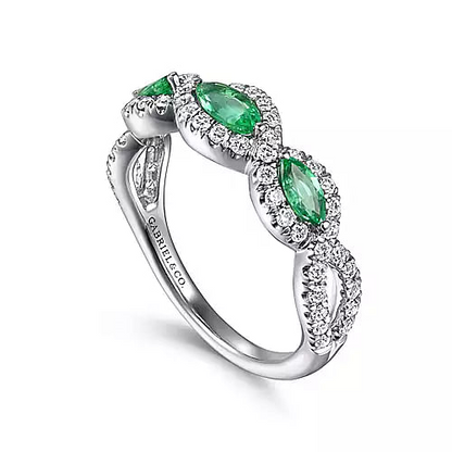 Gabriel & Co | 14K White Gold Twisted Diamond Rows and Emerald Marquise Stones Ring