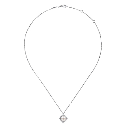 Gabriel & Co | 14K White Gold Cultured Pearl Pendant Necklace with Diamond Halo