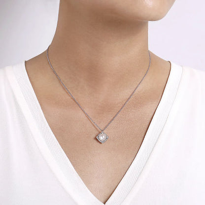 Gabriel & Co | 14K White Gold Cultured Pearl Pendant Necklace with Diamond Halo