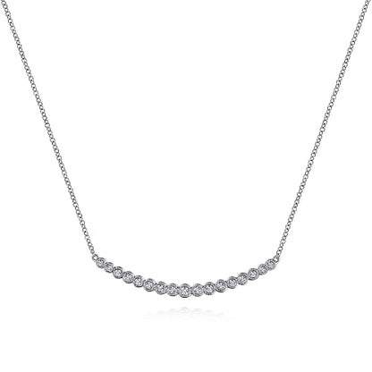 Gabriel & Co | 14K White Gold Curved Bar Necklace with Bezel Set Round Diamonds