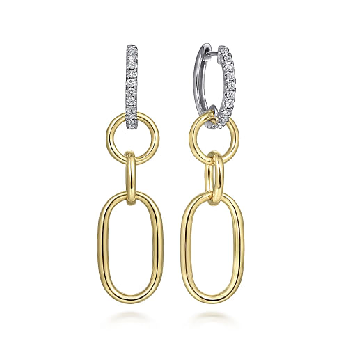 Gabriel & Co | 14K White and Yellow Gold Diamond Hollow Tube Huggie Drop Earrings