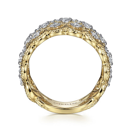 Gabriel & Co | Wide 14K Yellow Gold Twisted Rope Diamond Wide Band Ring