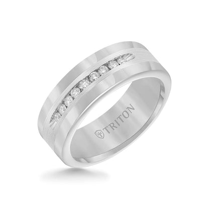 8MM Tungsten Diamond Ring - Channel Set Silver Satin Finish and Round Edge