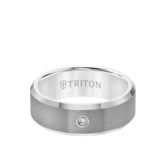 8MM Tungsten Diamond Ring - Solitaire Satin Finish Center and Bevel Edge