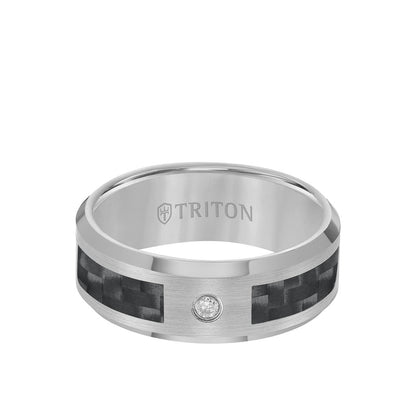 8MM Single Diamond Black Carbon Fiber Ring With Bevel Edge