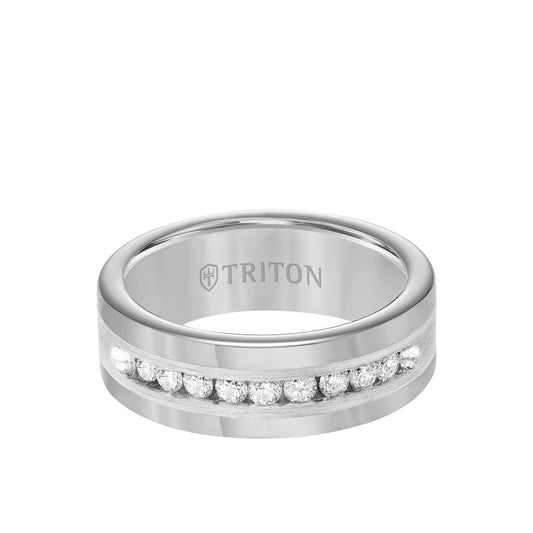 8MM Tungsten Diamond Ring - Channel Set Silver Satin Finish Inlay and Round Edge