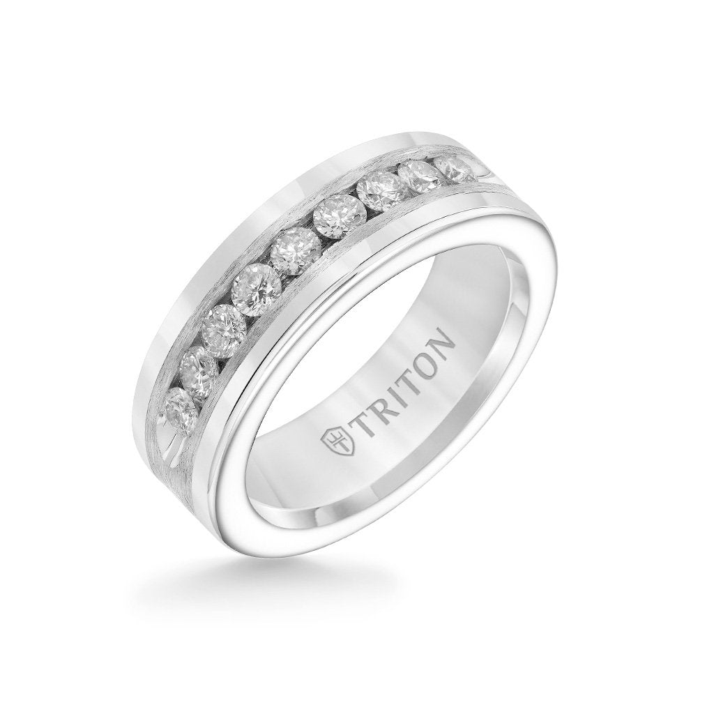 8MM Tungsten Diamond Ring - Satin Bright Finish and Bevel Edge