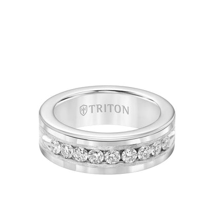 8MM Tungsten Diamond Ring - Satin Bright Finish and Bevel Edge