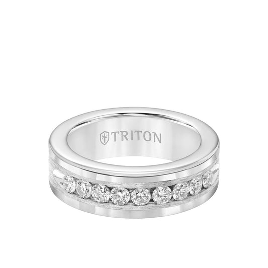 8MM Tungsten Diamond Ring - Satin Bright Finish and Bevel Edge