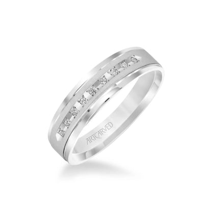 6MM Men's Classic Nine Stone Diamond Wedding Band - Vertical Brush Finish and Rolled Edge