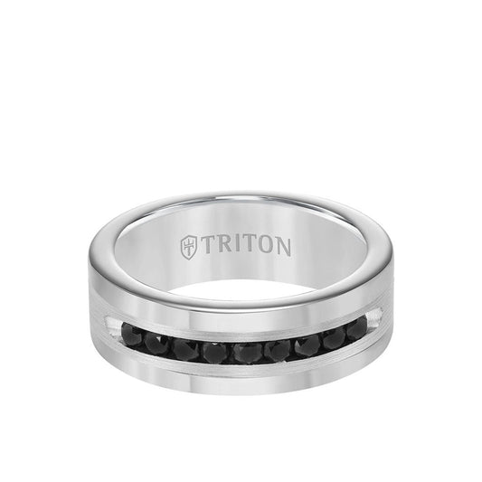 8MM Ring - Black Diamonds Silver Satin Finish and Round Edge