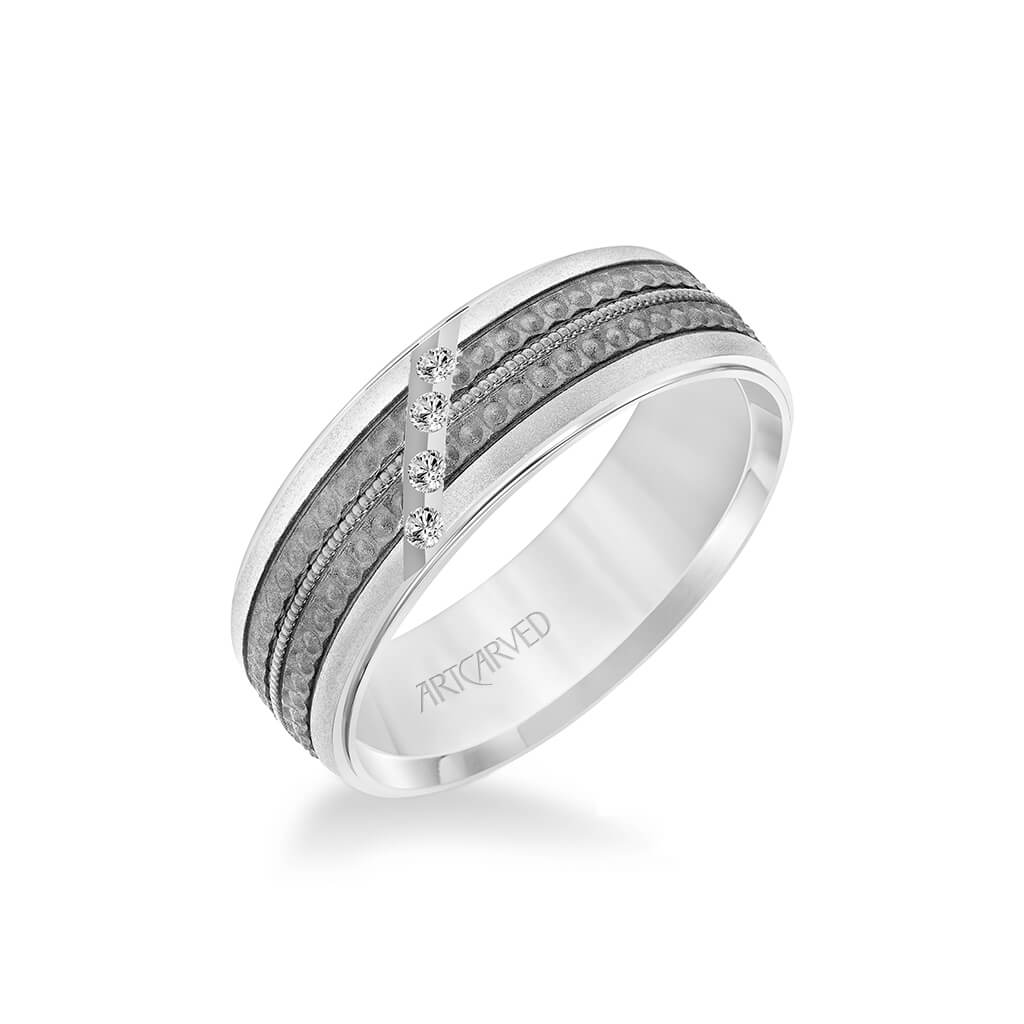 7MM Shades of Grey Collection Four Stone Diamond Wedding Band  - Textured Black Rhodium Detail and Flat Edge