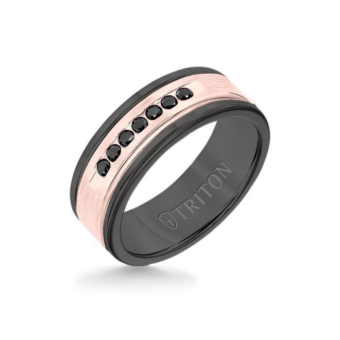 8MM Black Tungsten Carbide Ring - Black Diamonds 14K Rose Gold Insert with Round Edge