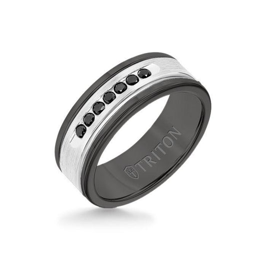 8MM Black Tungsten Carbide Ring - Black Diamonds 14K White Gold Insert with Round Edge