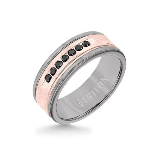 8MM Grey Tungsten Carbide Ring - Black Diamonds 14K Rose Gold Insert with Round Edge