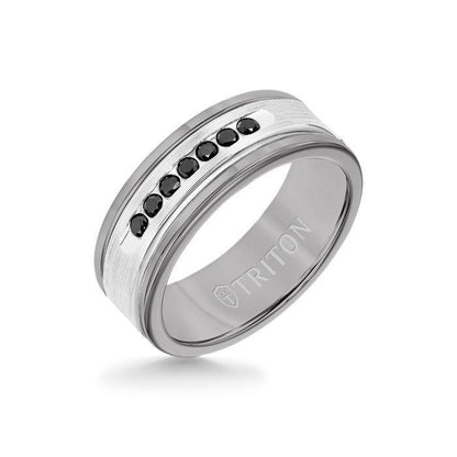 8MM Grey Tungsten Carbide Ring - Black Diamonds 14K White Gold Insert with Round Edge