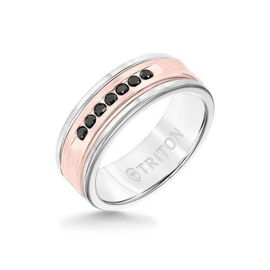 8MM White Tungsten Carbide Ring - Black Diamonds 14K Rose Gold Insert with Round Edge