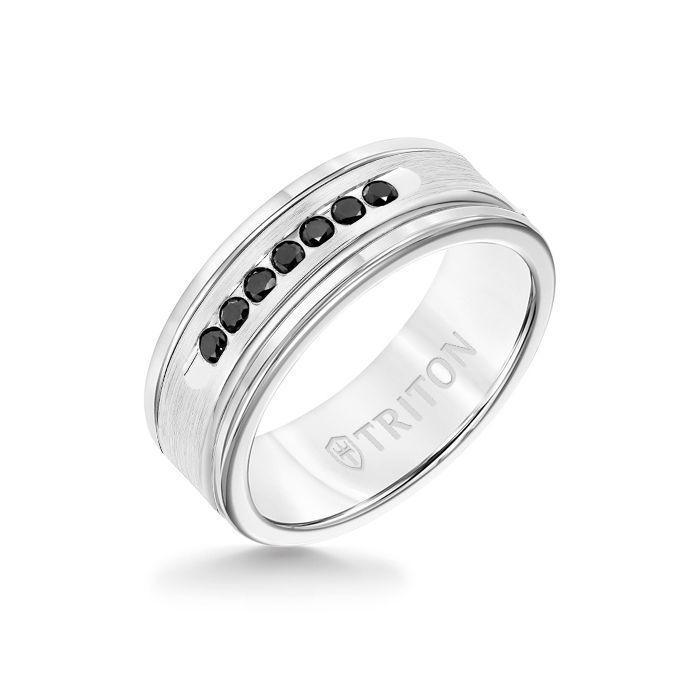 8MM White Tungsten Carbide Ring - Black Diamonds 14K White Gold Insert with Round Edge