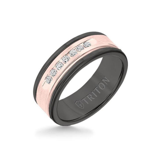 8MM Black Tungsten Carbide Ring - White Diamonds 14K Rose Gold Insert with Round Edge