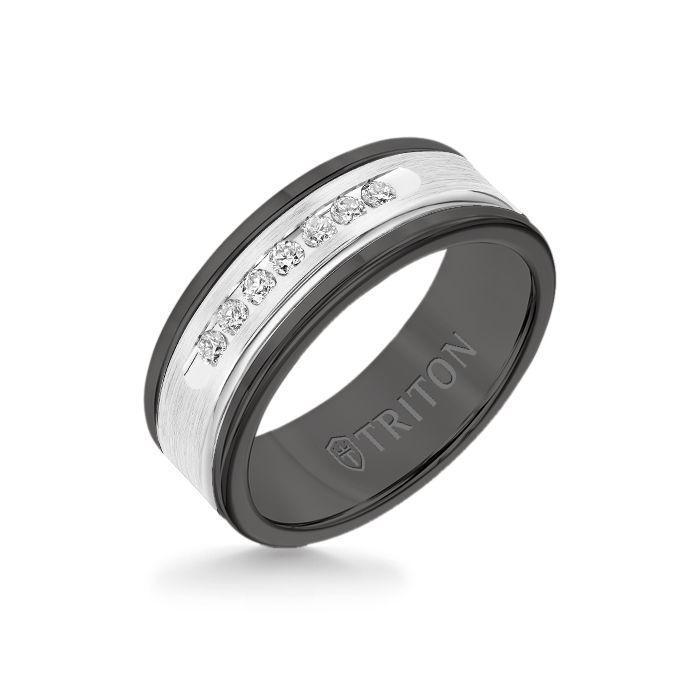 8MM Black Tungsten Carbide Ring - White Diamonds 14K White Gold Insert with Round Edge