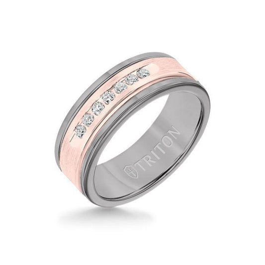 8MM Grey Tungsten Carbide Ring - White Diamonds 14K Rose Gold Insert with Round Edge