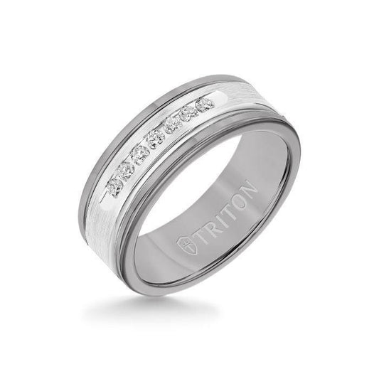 8MM Grey Tungsten Carbide Ring - White Diamonds 14K White Gold Insert with Round Edge