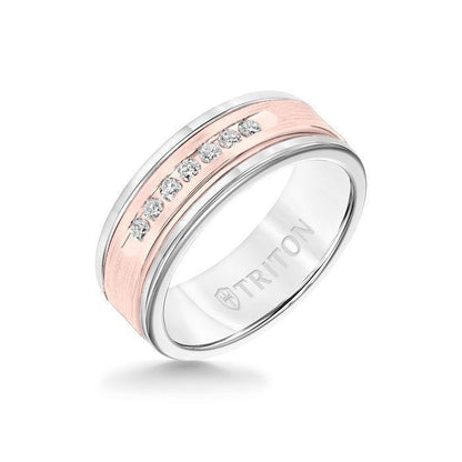 8MM White Tungsten Carbide Ring - White Diamonds 14K Rose Gold Insert with Round Edge