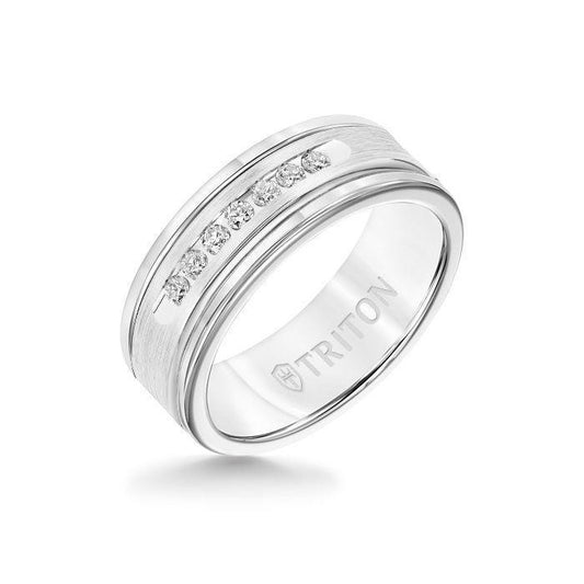 8MM White Tungsten Carbide Ring - White Diamonds 14K White Gold Insert with Round Edge