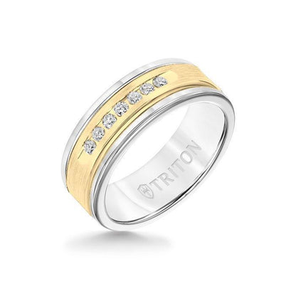 8MM White Tungsten Carbide Ring - White Diamonds 14K Yellow Gold Insert with Round Edge