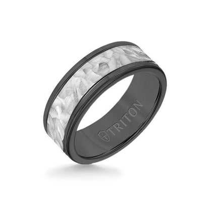 8MM Black Tungsten Carbide Ring - Hammered 14K White Gold Insert with Round Edge