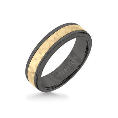 6MM Black Tungsten Carbide Ring - Hammered 14K Yellow Gold Insert with Round Edge