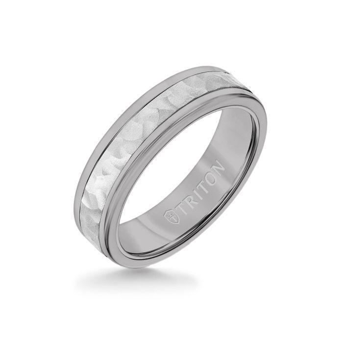 6MM Grey Tungsten Carbide Ring - Hammered 14K White Gold Insert with Round Edge