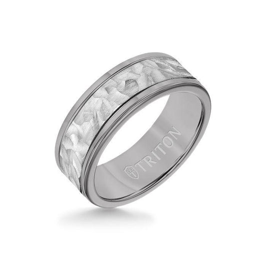 8MM Grey Tungsten Carbide Ring - Hammered 14K White Gold Insert with Round Edge