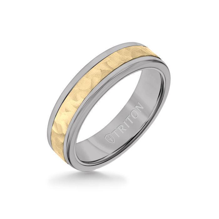 6MM Grey Tungsten Carbide Ring - Hammered 14K Yellow Gold Insert with Round Edge