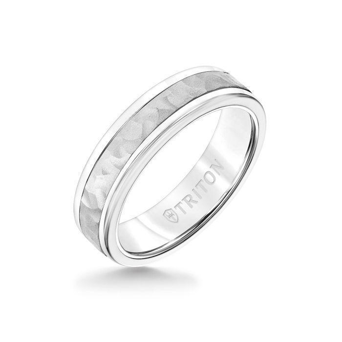 6MM White Tungsten Carbide Ring - Hammered 14K White Gold Insert with Round Edge