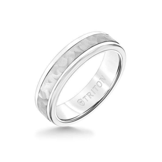 6MM White Tungsten Carbide Ring - Hammered 14K White Gold Insert with Round Edge