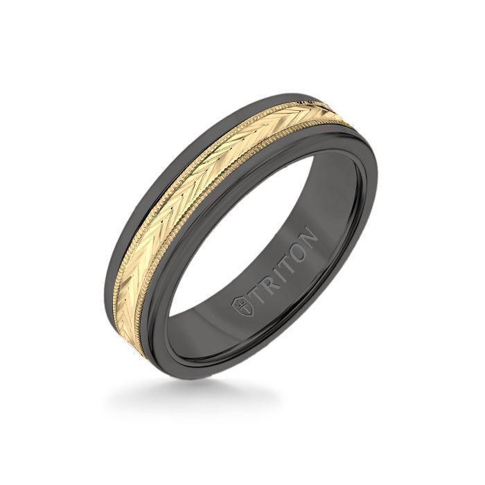 6MM Black Tungsten Carbide Ring - Herringbone 14K Yellow Gold Insert with Round Edge