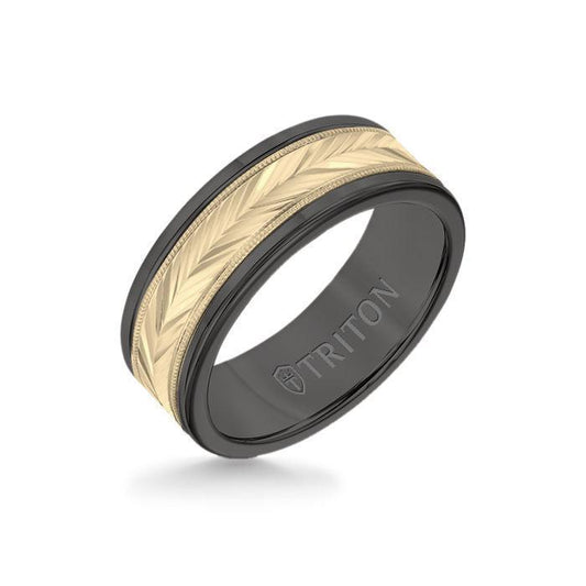 8MM Black Tungsten Carbide Ring - Herringbone 14K Yellow Gold Insert with Round Edge