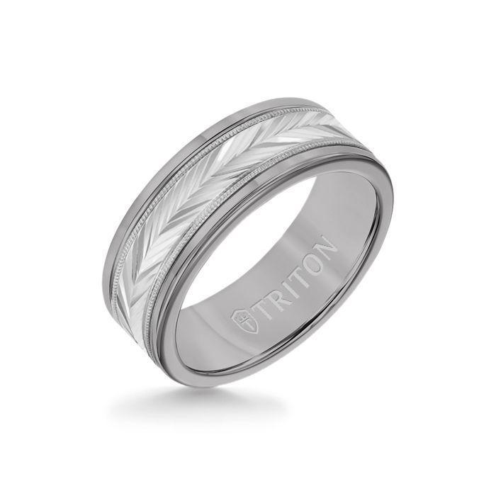 8MM Grey Tungsten Carbide Ring - Herringbone 14K White Gold Insert with Round Edge